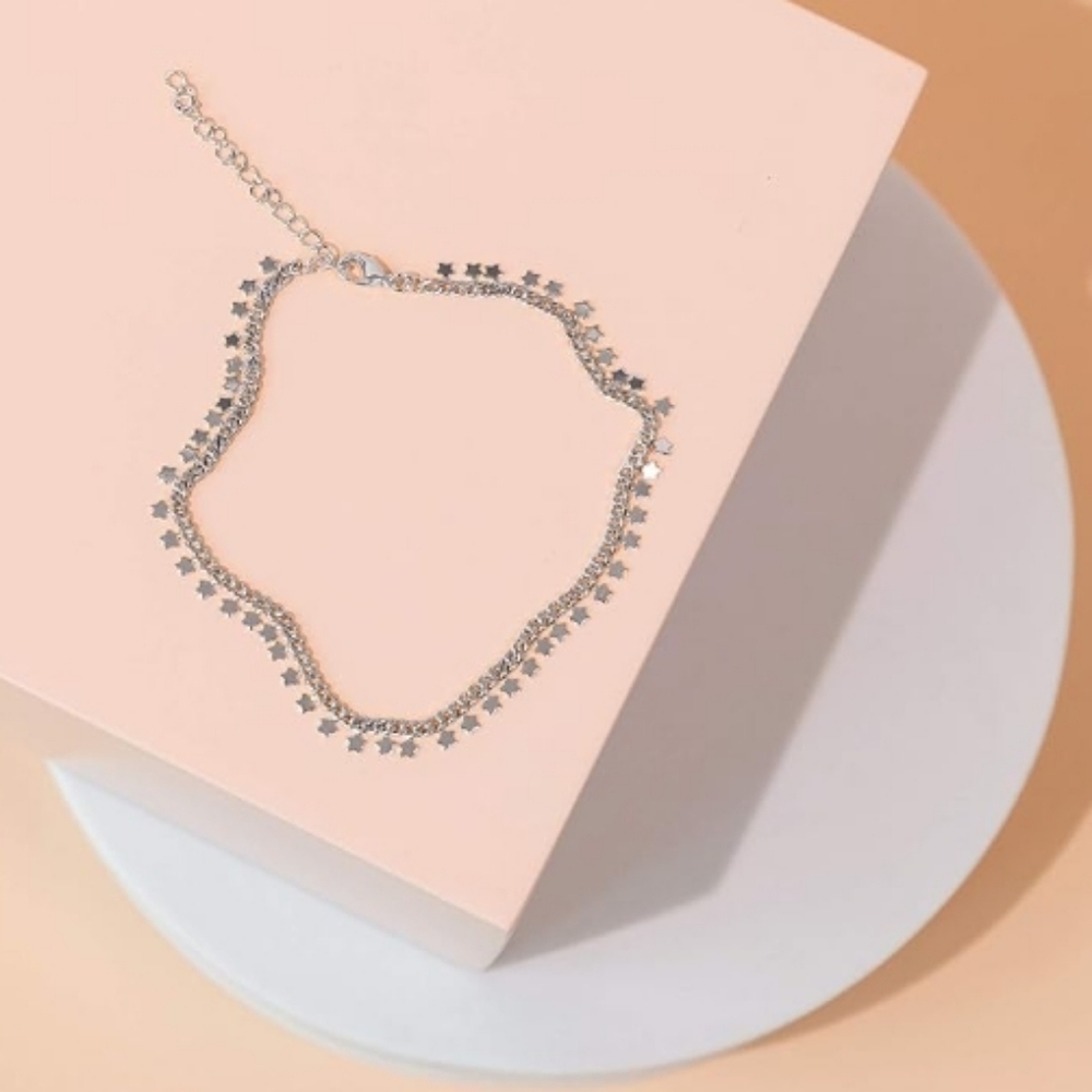 14K Gold Plated Charm Link Chain Star Adjustable Anklet In White Gold - Picture 4 of 5